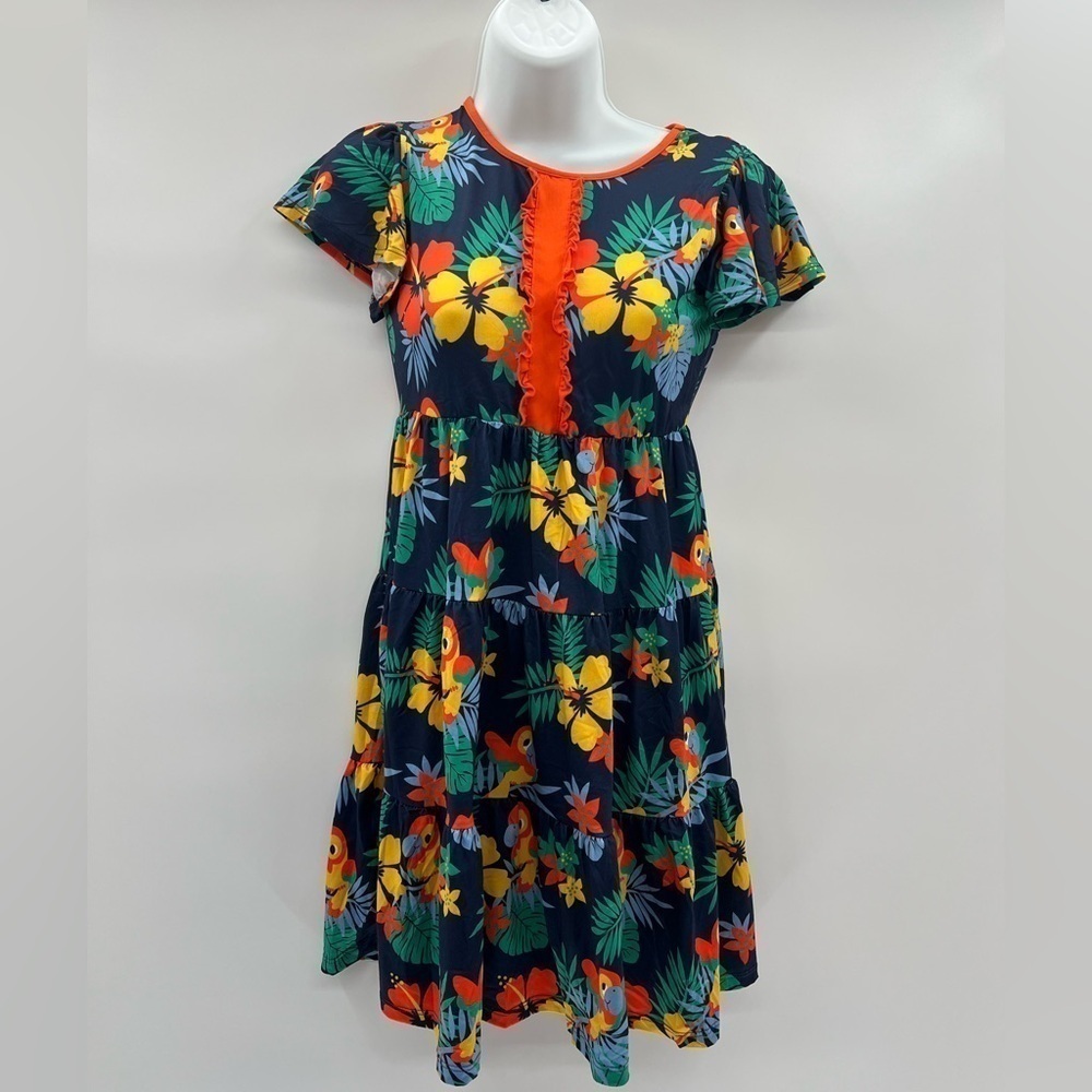 V & Grin Girls Print Ruffle Maxi Dress with Parrots & Colorful Flowers(Size 9-10